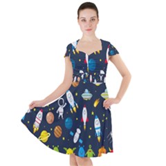 Big Set Cute Astronauts Space Planets Stars Aliens Rockets Ufo Constellations Satellite Moon Rover V Cap Sleeve Midi Dress