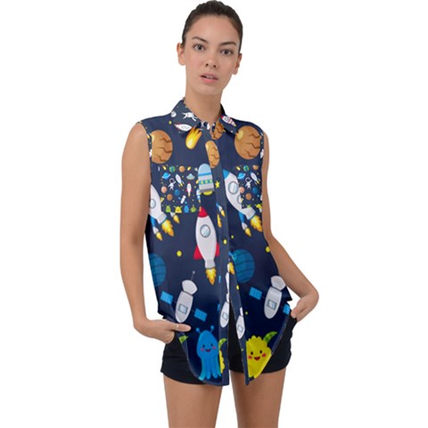 Big Set Cute Astronauts Space Planets Stars Aliens Rockets Ufo Constellations Satellite Moon Rover V Sleeveless Chiffon Button Shirt by Bedest