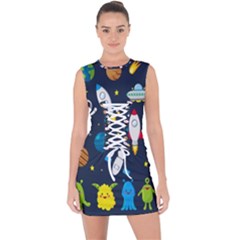 Big Set Cute Astronauts Space Planets Stars Aliens Rockets Ufo Constellations Satellite Moon Rover V Lace Up Front Bodycon Dress by Bedest