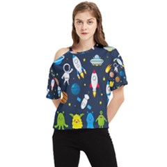 Big Set Cute Astronauts Space Planets Stars Aliens Rockets Ufo Constellations Satellite Moon Rover V One Shoulder Cut Out T-shirt by Bedest