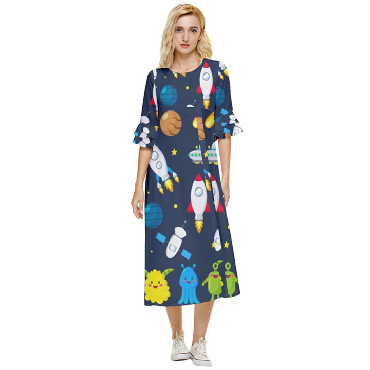 Big Set Cute Astronauts Space Planets Stars Aliens Rockets Ufo Constellations Satellite Moon Rover V Double Cuff Midi Dress