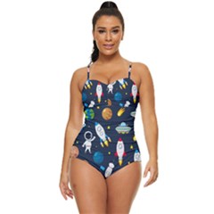 Big Set Cute Astronauts Space Planets Stars Aliens Rockets Ufo Constellations Satellite Moon Rover V Retro Full Coverage Swimsuit by Bedest