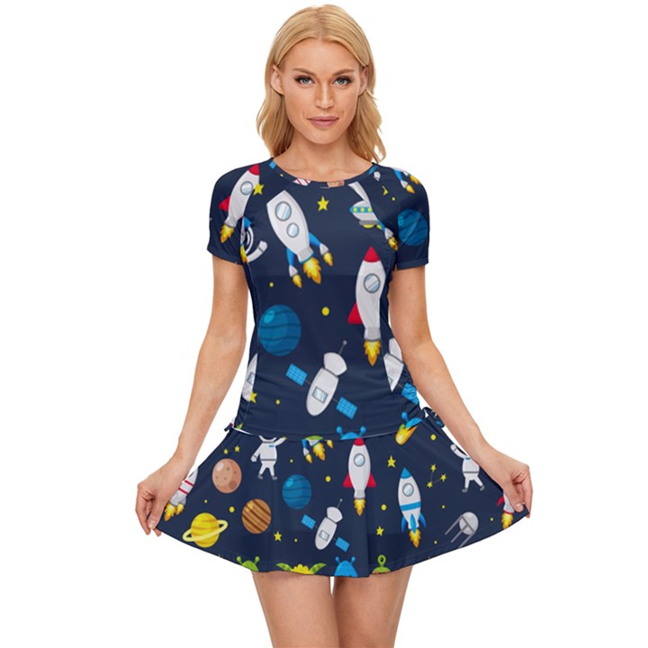 Big Set Cute Astronauts Space Planets Stars Aliens Rockets Ufo Constellations Satellite Moon Rover V Women s Sports Wear Set