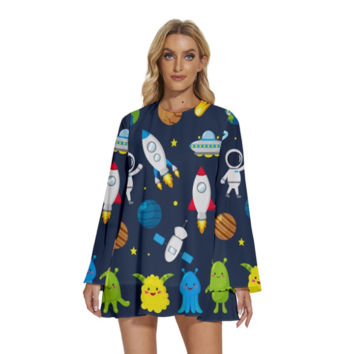 Big Set Cute Astronauts Space Planets Stars Aliens Rockets Ufo Constellations Satellite Moon Rover V Round Neck Long Sleeve Bohemian Style Chiffon Mini Dress