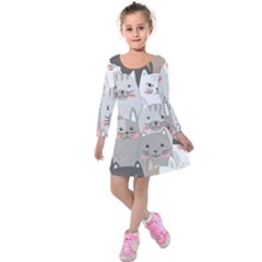 Cute Cats Seamless Pattern Kids  Long Sleeve Velvet Dress