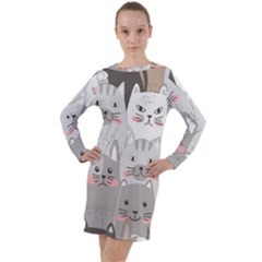 Cute Cats Seamless Pattern Long Sleeve Hoodie Dress by Bedest