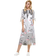 Cute Cats Seamless Pattern Bow Sleeve Chiffon Midi Dress by Bedest