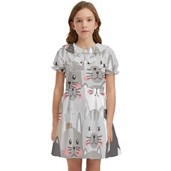 Cute Cats Seamless Pattern Kids  Bow Tie Puff Sleeve Dress by Bedest