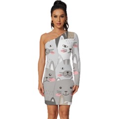 Cute Cats Seamless Pattern Long Sleeve One Shoulder Mini Dress by Bedest