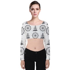 Marine Nautical Seamless Pattern With Vintage Lighthouse Wheel Velvet Long Sleeve Crop Top by Bedest