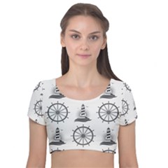 Marine Nautical Seamless Pattern With Vintage Lighthouse Wheel Velvet Short Sleeve Crop Top  by Bedest