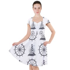 Marine Nautical Seamless Pattern With Vintage Lighthouse Wheel Cap Sleeve Midi Dress