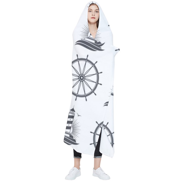 Marine Nautical Seamless Pattern With Vintage Lighthouse Wheel Wearable Blanket