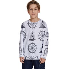 Marine Nautical Seamless Pattern With Vintage Lighthouse Wheel Kids  Crewneck Sweatshirt