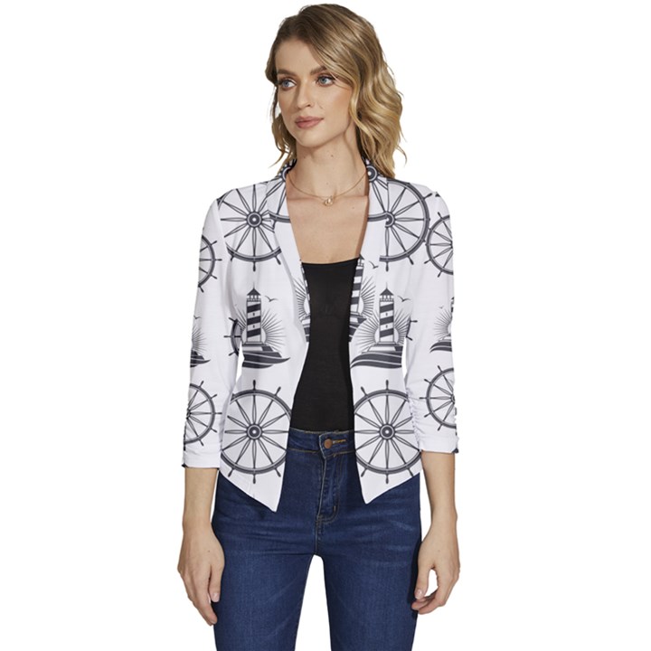 Marine Nautical Seamless Pattern With Vintage Lighthouse Wheel Women s Casual 3/4 Sleeve Spring Jacket