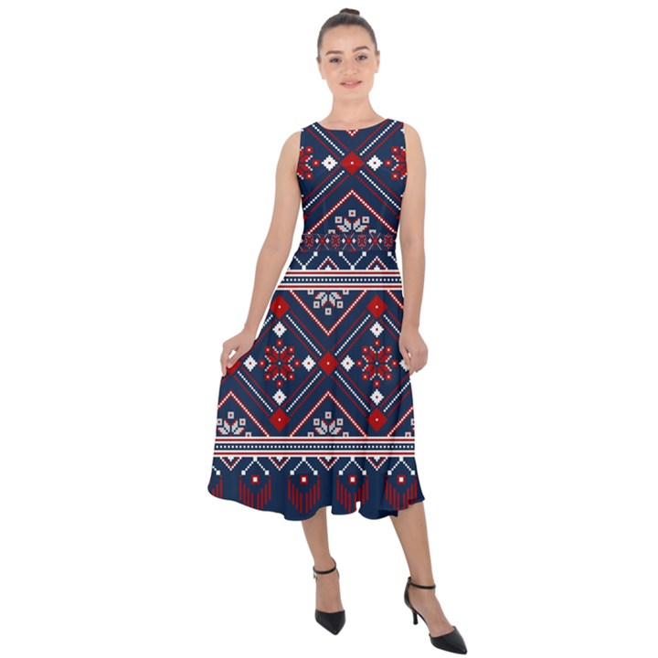 Ukrainian Folk Seamless Pattern Ornament Art Midi Tie-Back Chiffon Dress