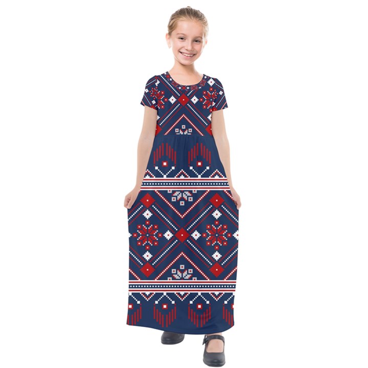 Ukrainian Folk Seamless Pattern Ornament Art Kids  Short Sleeve Maxi Dress