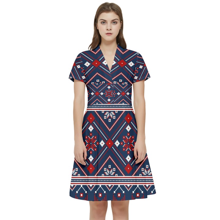 Ukrainian Folk Seamless Pattern Ornament Art Short Sleeve Waist Detail Dress