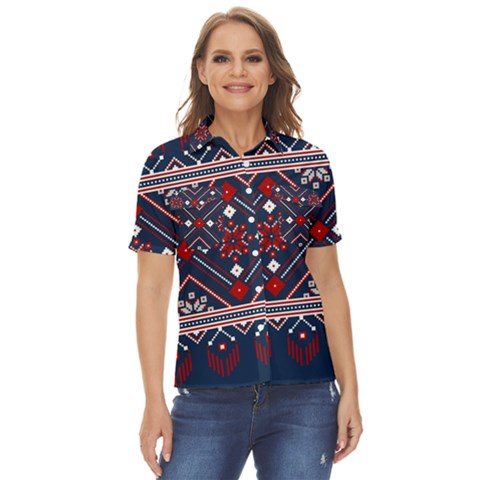 Ukrainian Folk Seamless Pattern Ornament Art Women s Short Sleeve Double Pocket Shirt by Bedest