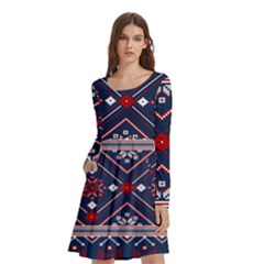 Ukrainian Folk Seamless Pattern Ornament Art Long Sleeve Knee Length Skater Dress With Pockets