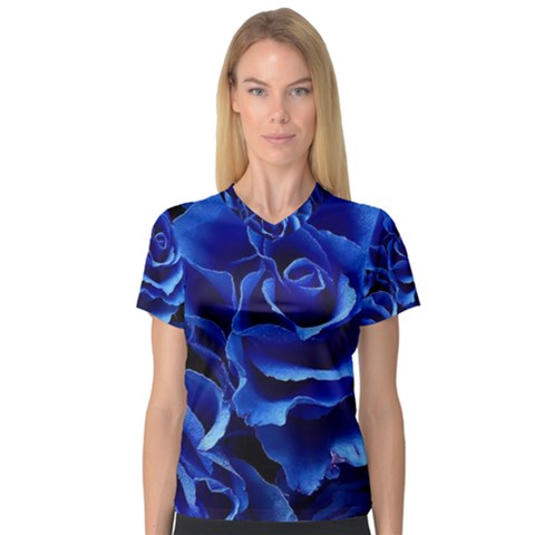 Blue Roses Flowers Plant Romance Blossom Bloom Nature Flora Petals V-neck Sport Mesh T-shirt by Bedest