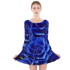 Blue Roses Flowers Plant Romance Blossom Bloom Nature Flora Petals Long Sleeve Velvet Skater Dress by Bedest