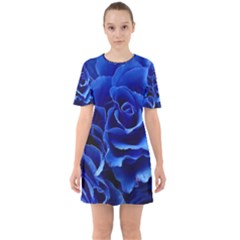 Blue Roses Flowers Plant Romance Blossom Bloom Nature Flora Petals Sixties Short Sleeve Mini Dress by Bedest