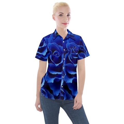 Blue Roses Flowers Plant Romance Blossom Bloom Nature Flora Petals Women s Short Sleeve Pocket Shirt by Bedest