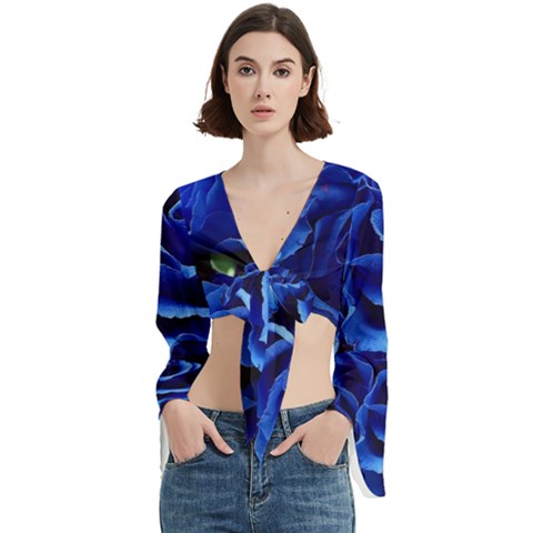 Blue Roses Flowers Plant Romance Blossom Bloom Nature Flora Petals Trumpet Sleeve Cropped Top by Bedest