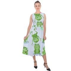 Cute Green Frogs Seamless Pattern Midi Tie-back Chiffon Dress by Bedest