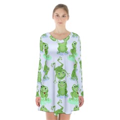 Cute Green Frogs Seamless Pattern Long Sleeve Velvet V-neck Dress by Bedest