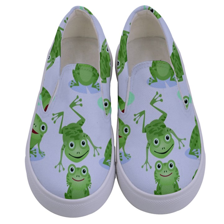 Cute Green Frogs Seamless Pattern Kids  Canvas Slip Ons