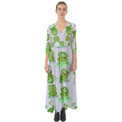 Cute Green Frogs Seamless Pattern Button Up Boho Maxi Dress by Bedest