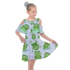 Cute Green Frogs Seamless Pattern Kids  Shoulder Cutout Chiffon Dress by Bedest