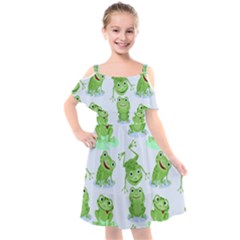 Cute Green Frogs Seamless Pattern Kids  Cut Out Shoulders Chiffon Dress by Bedest