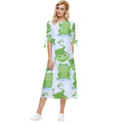 Cute Green Frogs Seamless Pattern Bow Sleeve Chiffon Midi Dress by Bedest