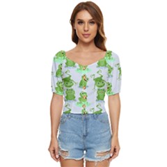 Cute Green Frogs Seamless Pattern Button Up Blouse