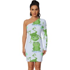 Cute Green Frogs Seamless Pattern Long Sleeve One Shoulder Mini Dress by Bedest