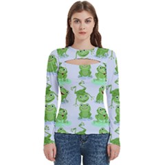 Cute Green Frogs Seamless Pattern Women s Cut Out Long Sleeve T-shirt by Bedest