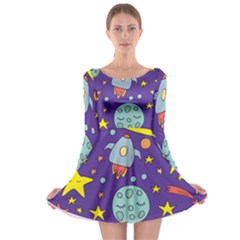 Card With Lovely Planets Long Sleeve Skater Dress by Bedest