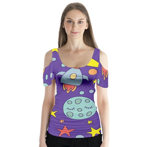 Card With Lovely Planets Butterfly Sleeve Cutout T-shirt  by Bedest