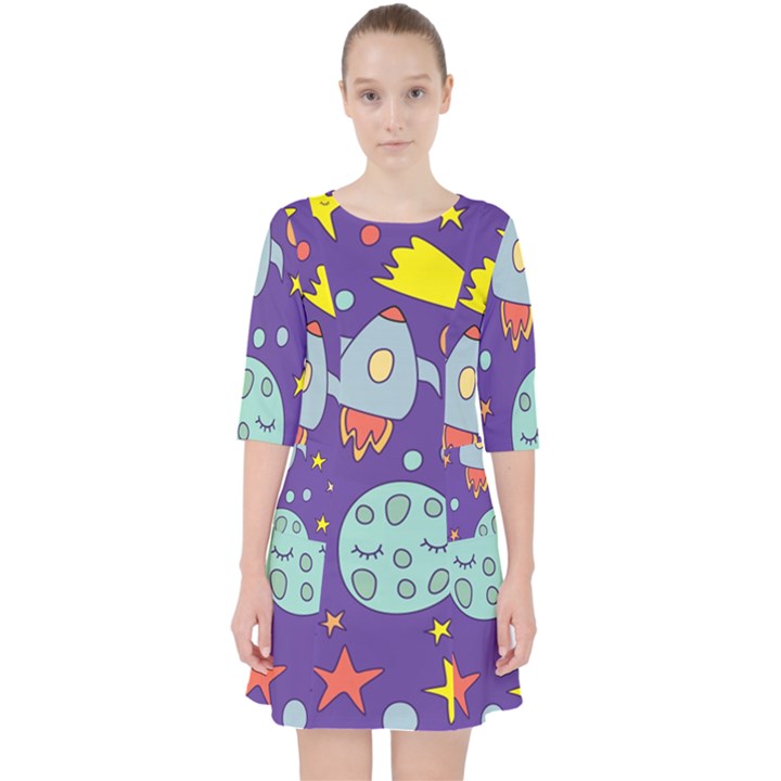 Card With Lovely Planets Quarter Sleeve Pocket Dress