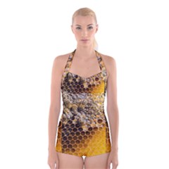 Honeycomb With Bees Boyleg Halter Swimsuit  by Bedest