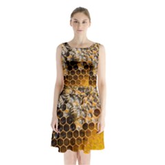 Honeycomb With Bees Sleeveless Waist Tie Chiffon Dress by Bedest