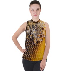 Honeycomb With Bees Mock Neck Chiffon Sleeveless Top by Bedest