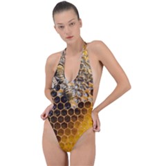 Honeycomb With Bees Backless Halter One Piece Swimsuit by Bedest