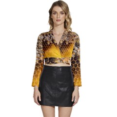 Honeycomb With Bees Long Sleeve Tie Back Satin Wrap Top by Bedest