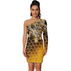 Honeycomb With Bees Long Sleeve One Shoulder Mini Dress by Bedest