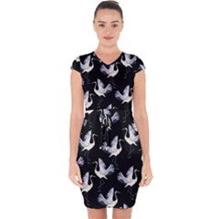 Crane Pattern Bird Animal Capsleeve Drawstring Dress  by Bedest