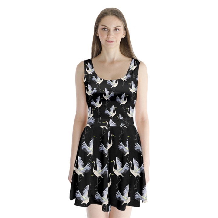 Crane Pattern Bird Animal Split Back Mini Dress 